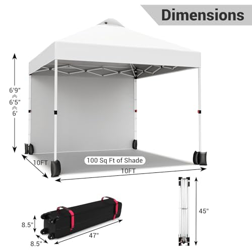 Garvee 10'x10' Pop-Up Canopy Tent Portable Instant Commercial Tent with 1 Sidewall, Vented Top, Roller Bag, Sandbags, Ropes & Tent Stakes, White