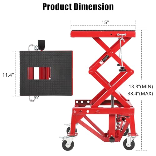Garvee Hydraulic Motorcycle Lift Jack, 350LBS Capacity Scissor Lift Jack, Portable Motorcycle Lift Table with 4 Wheels, Foot-Operated Hoist Stand for Motorcycle, ATV Dirt Bike, Red