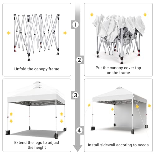 Garvee 10'x10' Pop-Up Canopy Tent Portable Instant Commercial Tent with 1 Sidewall, Vented Top, Roller Bag, Sandbags, Ropes & Tent Stakes, White
