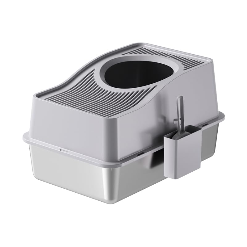 Garvee Stainless Steel Cat Litter Box with Hollow Lid and Heightened Lid Anti-Splashing, Top-Entry Deodorizing Large Cat Toilet, Grey, 60x40x39.5cm, Basin 20cm High