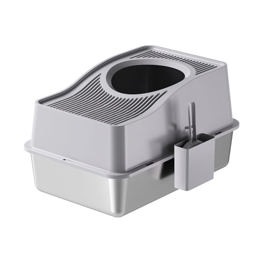Garvee Stainless Steel Cat Litter Box with Hollow Lid and Heightened Lid Anti-Splashing, Top-Entry Deodorizing Large Cat Toilet, Grey, 60x40x39.5cm, Basin 20cm High