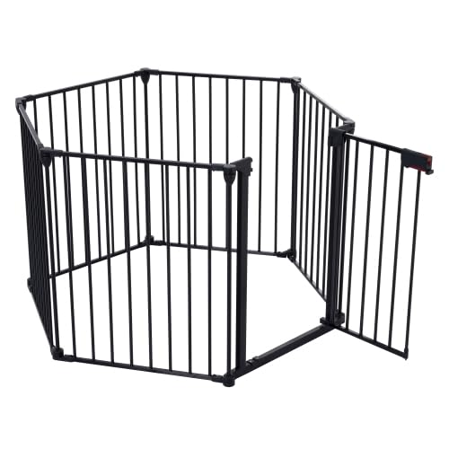 Garvee 150" Extra Wide Dog Gate for House with Child Proof Double Locking System, Adjustable Metal Fireplace Fence Door, Baby Gate for Stairs Doorways