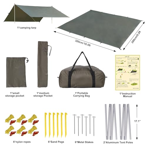 Garvee Camping Tarp, Hammock Rain Fly Camping Tarp Waterproof with 2 Aluminum Poles, Lightweight Backpack Tent tarp for Traveling, Green - 13X9FT