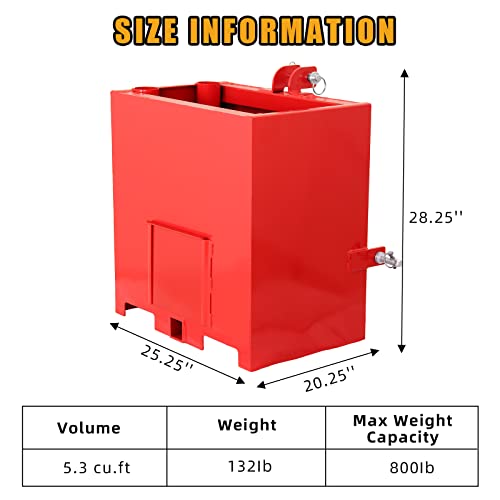 Garvee 800lbs 3 Point Hitch Ballast Box, 5cu.ft Volume for Tractors