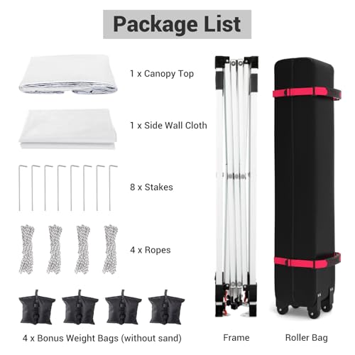 Garvee 10'x10' Pop-Up Canopy Tent Portable Instant Commercial Tent with 1 Sidewall, Vented Top, Roller Bag, Sandbags, Ropes & Tent Stakes, White