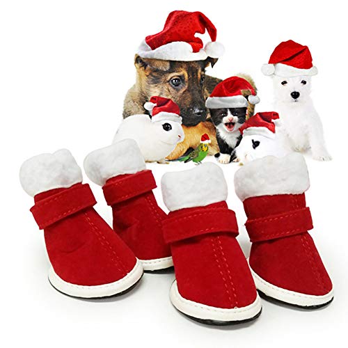 Garvee 4Pcs/Set pet Shoes for Dogs, Christmas Winter Warm Red Nonslip Magic Sticker Boots Shoes for Dog red 3.8CM*2.8CM