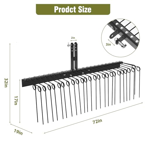 Garvee 72 Inch Pine Straw Rake, 30pcs 8mm Coil Spring Tines Durable Powder Coated Steel Tow Behind Landscape Rake with 3 Point Hitch Receiver Attachment Fit to Cat0 Cat 1 Tractors for Leaves Grass, Black