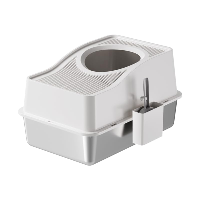 Garvee Stainless Steel Cat Litter Box Fully Enclosed Top-Entry Large Cat Toilet White 60x40x39.5cm