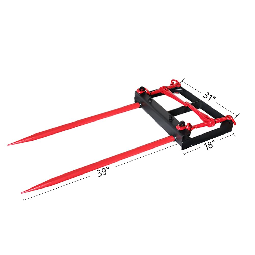 Garvee Dual Prong 43" Hay Bale Spear Attachment, 3000 LB Capacity, Front Skid Steer Tractor Loader Bucket Attachment Conus 2 Tines, Chains and Ratchet Binders Included