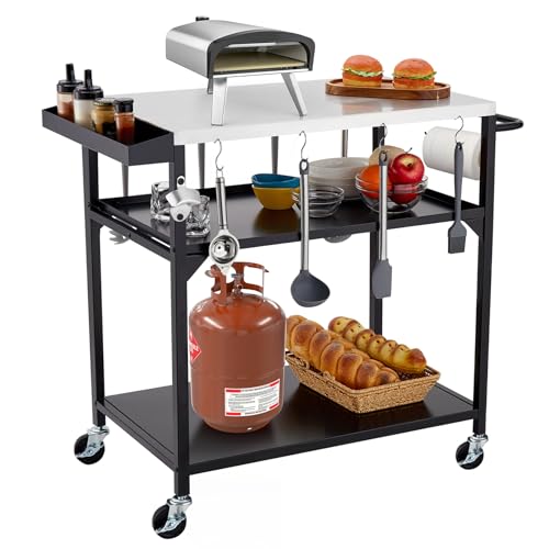 Garvee Outdoor Grill Table Cart Stainless Steel 4 Wheels Brakes Movable Prep Table Side Storage Rack Handle BBQ