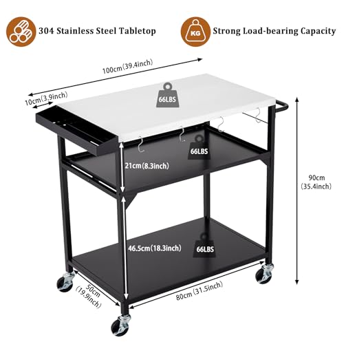 Garvee Outdoor Grill Table Cart Stainless Steel 4 Wheels Brakes Movable Prep Table Side Storage Rack Handle BBQ