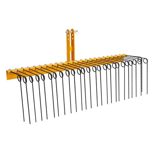 Garvee 60 Inch Pine Straw Needle Rake,26 Coil Spring Tines Pine Needles Rakes, Durable Powder Coated Steel Landscape Rake Attaches to Cat 0 Cat 1, 3 Point Hitch Receiver Attachment - Black+Yellow