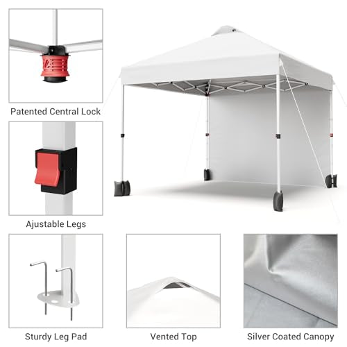 Garvee 10'x10' Pop-Up Canopy Tent Portable Instant Commercial Tent with 1 Sidewall, Vented Top, Roller Bag, Sandbags, Ropes & Tent Stakes, White