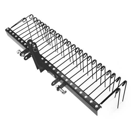 Garvee 72 Inch Pine Straw Rake, 30pcs 8mm Coil Spring Tines Durable Powder Coated Steel Tow Behind Landscape Rake with 3 Point Hitch Receiver Attachment Fit to Cat0 Cat 1 Tractors for Leaves Grass, Black