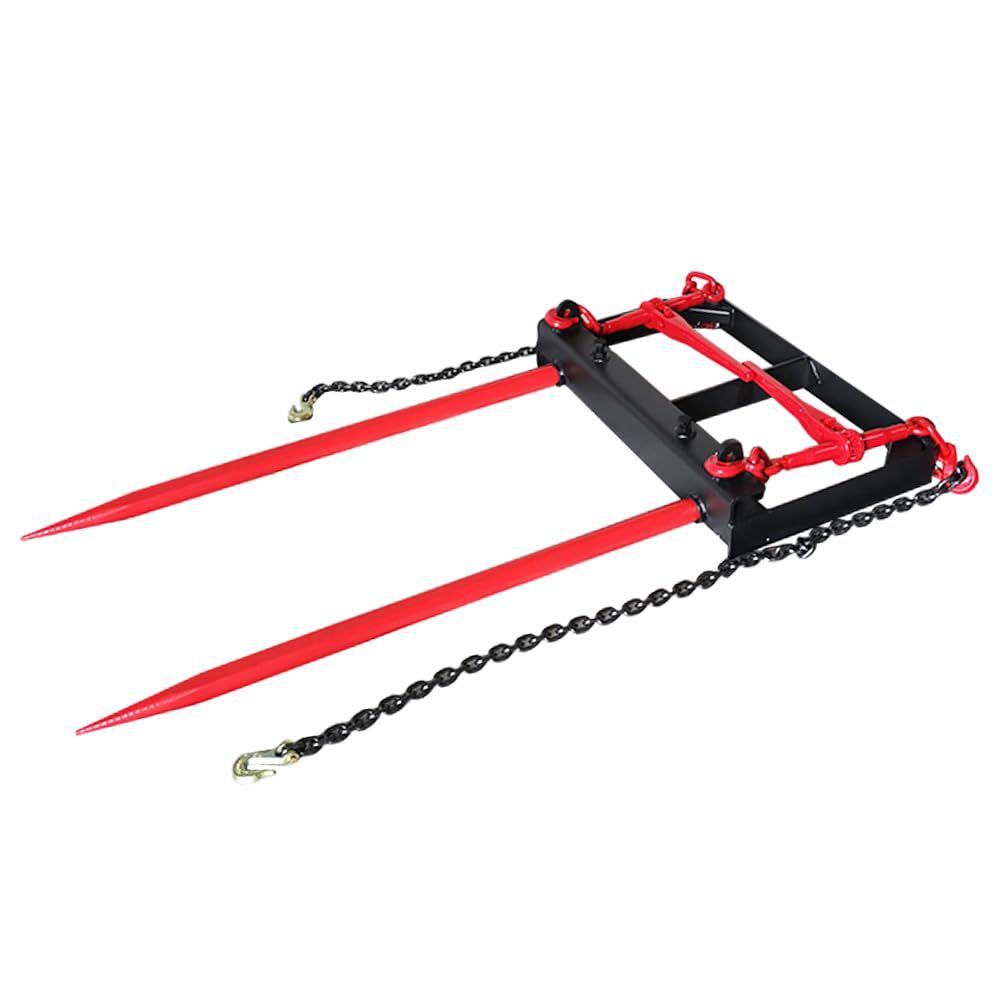 Garvee Dual Prong 43" Hay Bale Spear Attachment, 3000 LB Capacity, Front Skid Steer Tractor Loader Bucket Attachment Conus 2 Tines, Chains and Ratchet Binders Included