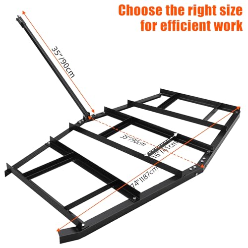 Garvee 74”Wide Drag Harrow, High Efficient Driveway Grader with Pin Hitch, Up to 50lbs, Heavy Duty Lawn Leveling Rake Pull Behind Lawn Tractor Rake for Sand, Soil, Farm, Garden