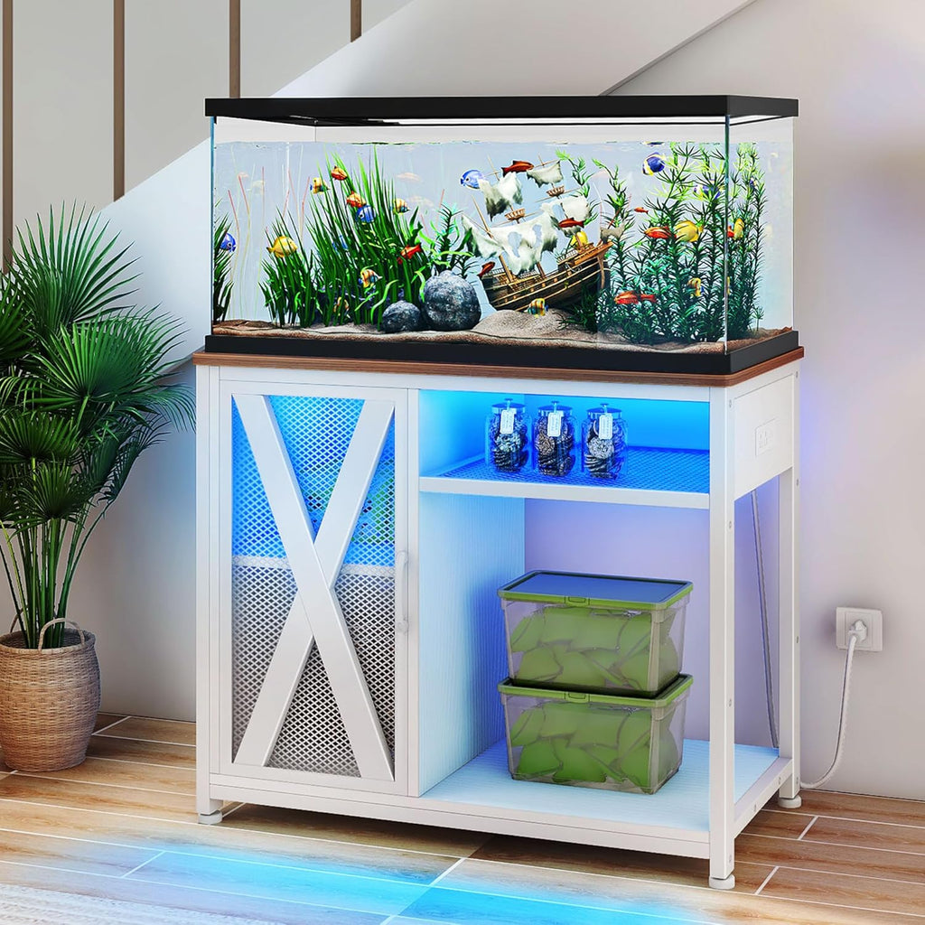 Garvee 40-50 Gallon Aquarium Stand, Fish Tank Stand with Power Outlets, Aquarium Cabinet for Fish Tank,Metal Fish Tank Stand with Storage Suitable for Turtle Tank, Reptile Terrarium, 660LBS Capacity, White