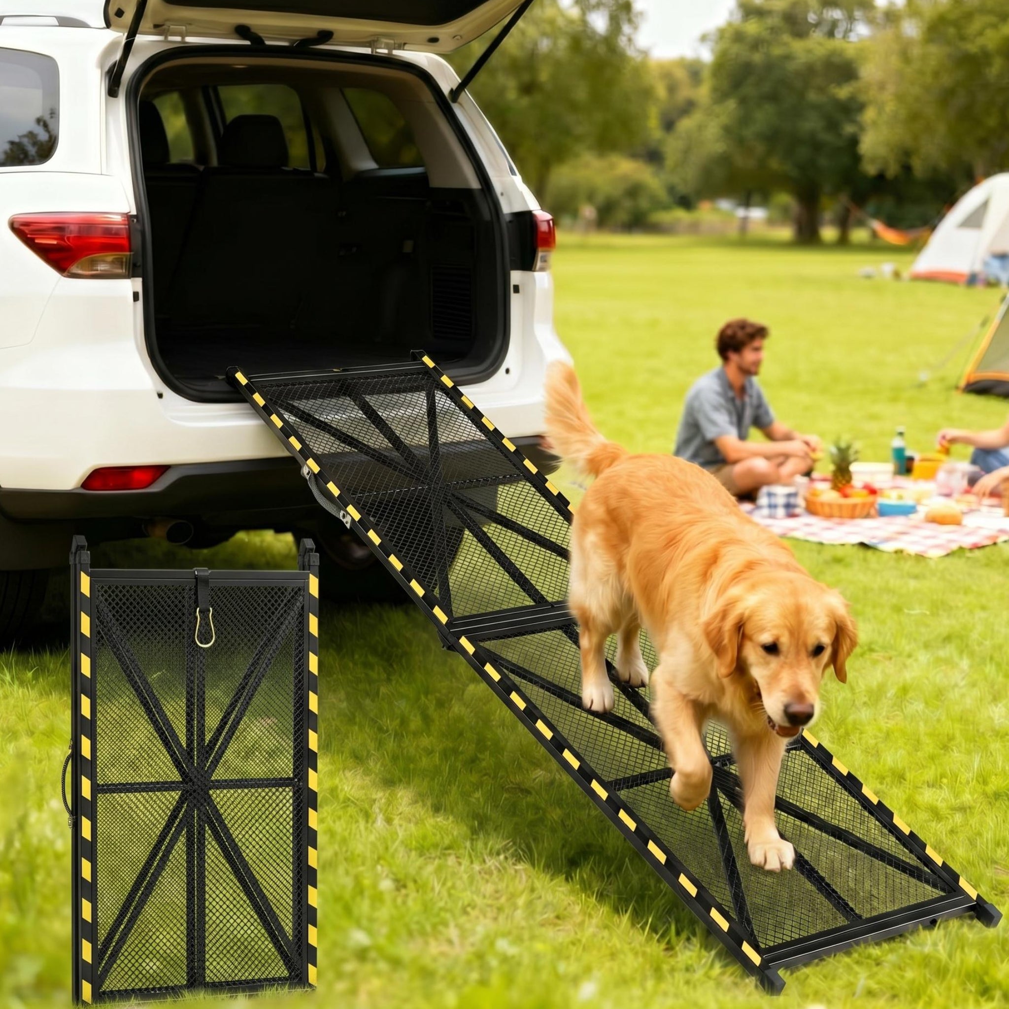 Garvee Heavy Duty Portable Steel Dog Ramp for Cars, 71"×17" Folding Pet Ramp for Large Dogs with Anti-Slip Mesh Incline Access Car Ramp for SUV Car/Truck/RVs, Outdoor Dog Ramp 300 lbs Capacity
