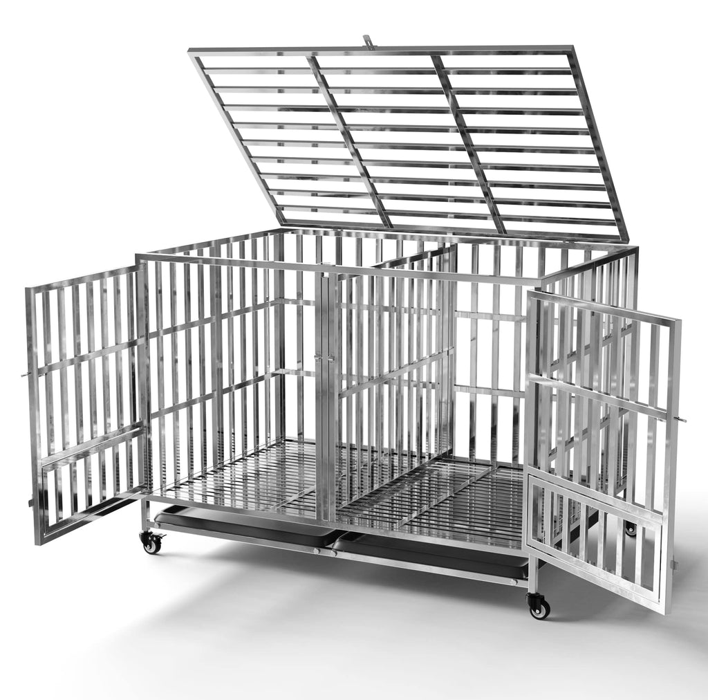Garvee 48" Heavy Duty Dog Crate Cage Kennel with Isolation Fence, Full Stainless Steel High Anxiety Indestructible Dog Crate, Small Door Design & Removable Tray Design, Silver