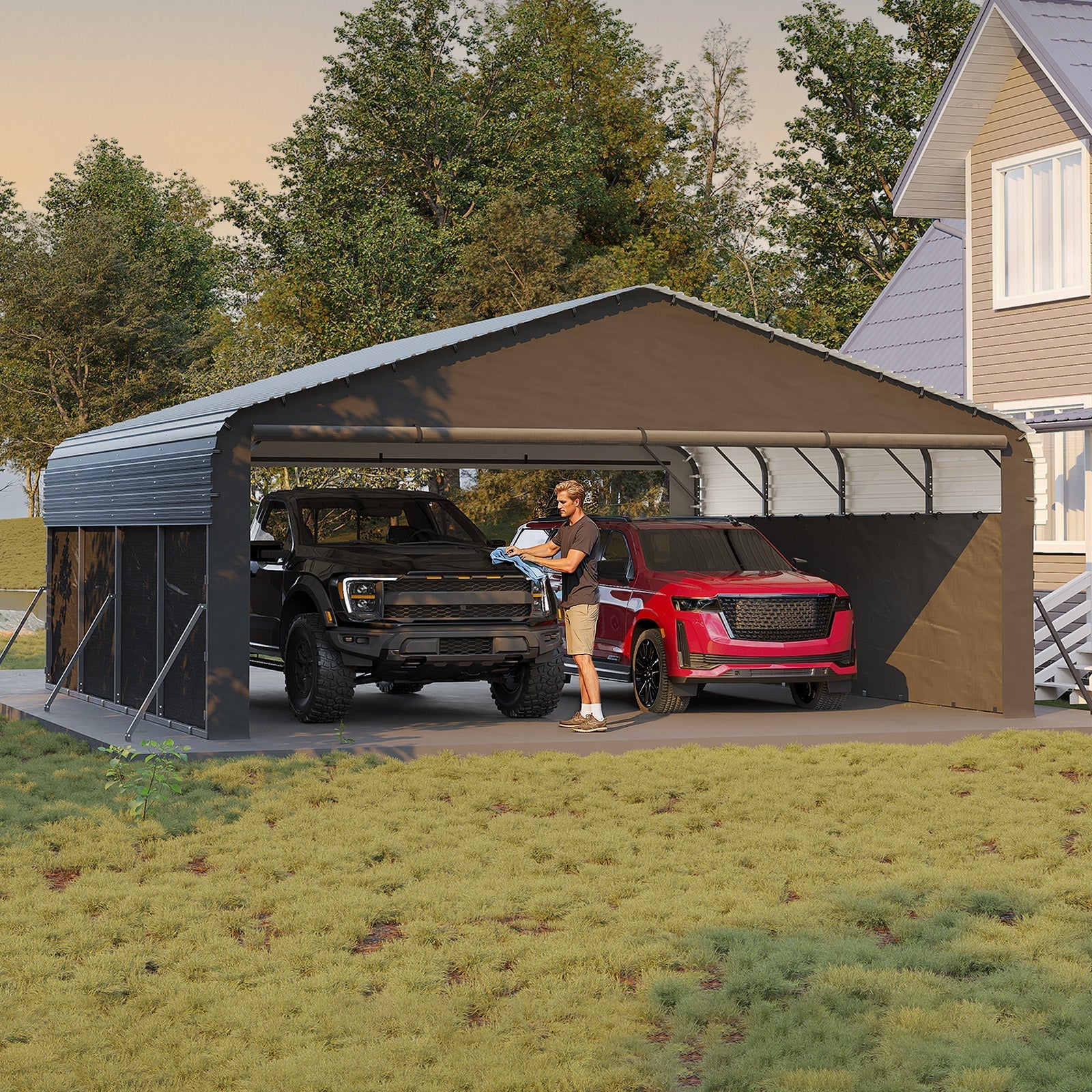 Garvee 20' x 20' x 10' Enclosed Metal Carport, Heavy-Duty Steel Garage Shelter for 2 Cars, Trucks, Boats & Tractors, Gray