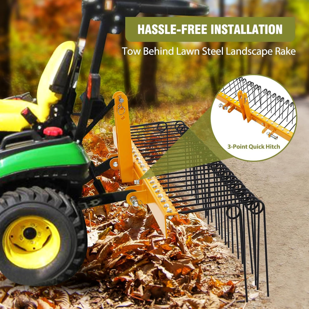 Garvee Pine Straw Rake 60 Inch , 6mm Rake Needle, 26 Coil Spring Tines Durable Powder Coated Steel Tow Behind Landscape Rake with 3 Point Hitch Receiver Attachment Fit to Cat0 Cat 1 Tractors for Leaves Grass, Yellow