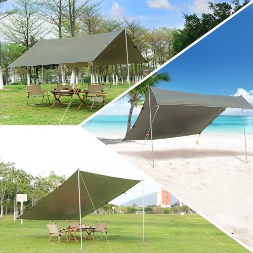 Garvee Camping Tarp, Hammock Rain Fly Camping Tarp Waterproof with 2 Aluminum Poles, Lightweight Backpack Tent tarp for Traveling, Green - 13X9FT
