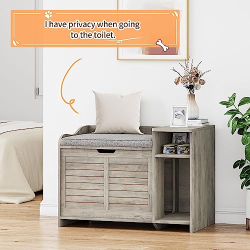 Garvee Cat Litter Box Enclosure with Cushion, Hidden Cat Litter Box Furniture, Cat Litter Box Furniture with Top Opening, Flip Top Litter Box Enclosure Cat House, Grey
