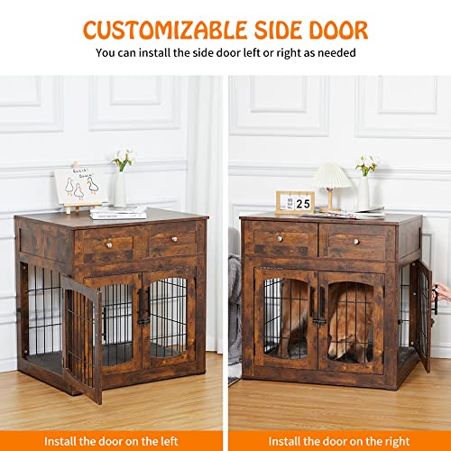 Garvee Dog Crate Furniture with Cushion,Wooden Dog Kennels Indoor with 2 Drawers,Dog Furniture Crate End Table with Storage
