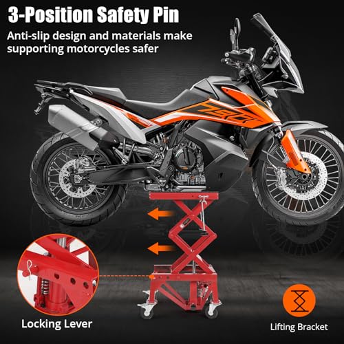 Garvee Hydraulic Motorcycle Lift Jack, 350LBS Capacity Scissor Lift Jack, Portable Motorcycle Lift Table with 4 Wheels, Foot-Operated Hoist Stand for Motorcycle, ATV Dirt Bike, Red