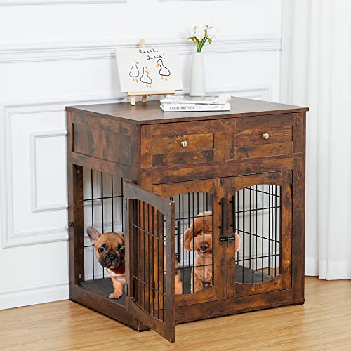 Garvee Dog Crate Furniture with Cushion,Wooden Dog Kennels Indoor with 2 Drawers,Dog Furniture Crate End Table with Storage