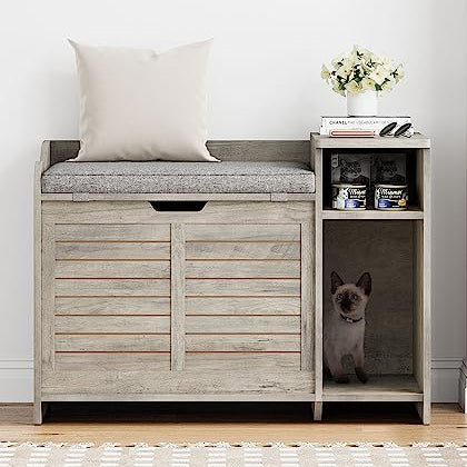 Garvee Cat Litter Box Enclosure with Cushion, Hidden Cat Litter Box Furniture, Cat Litter Box Furniture with Top Opening, Flip Top Litter Box Enclosure Cat House, Grey