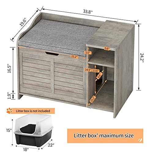Garvee Cat Litter Box Enclosure with Cushion, Hidden Cat Litter Box Furniture, Cat Litter Box Furniture with Top Opening, Flip Top Litter Box Enclosure Cat House, Grey