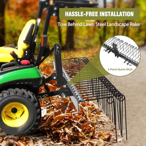 Garvee 72 Inch Pine Straw Rake, 30pcs 8mm Coil Spring Tines Durable Powder Coated Steel Tow Behind Landscape Rake with 3 Point Hitch Receiver Attachment Fit to Cat0 Cat 1 Tractors for Leaves Grass, Black
