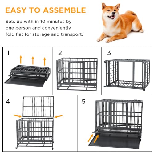 Garvee 36 inch Heavy Duty Indestructible Dog Crate Steel Escape Proof,Indoor Dog House High Anxiety Cage, Kennel with Wheels,Removable Tray
