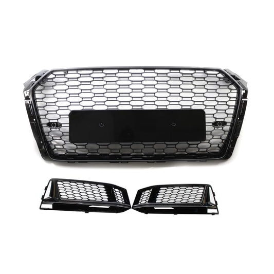 Garvee Central Grille RS4 ABS for Audi A4 B9 S-Line 2017-2019, Glossy Black, Perforated Lower S4 Model, No Logo, Aggressive Street Style