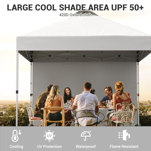 Garvee 10'x10' Pop-Up Canopy Tent Portable Instant Commercial Tent with 1 Sidewall, Vented Top, Roller Bag, Sandbags, Ropes & Tent Stakes, White