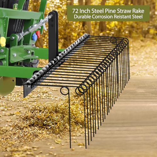 Garvee 72 Inch Pine Straw Rake, 30pcs 8mm Coil Spring Tines Durable Powder Coated Steel Tow Behind Landscape Rake with 3 Point Hitch Receiver Attachment Fit to Cat0 Cat 1 Tractors for Leaves Grass, Black