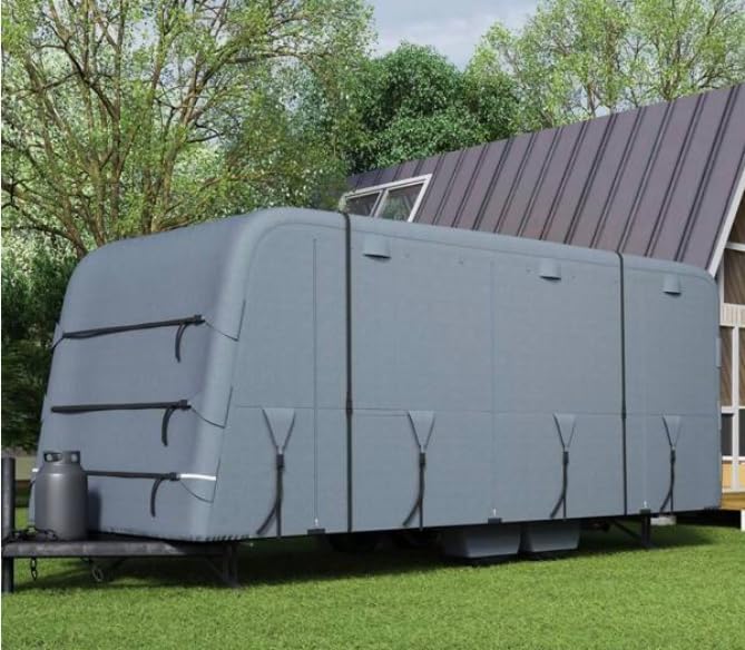 Garvee Travel Trailer Rv Cover, Windproof Camper Cover with Extra-Thick 6 Layers Anti-Uv Top Panel, Breathable, Water-Proof, Rip-Stop with 2Pcs Extra Straps & 4 Tire Covers, Fits 33'-36' Motorhome