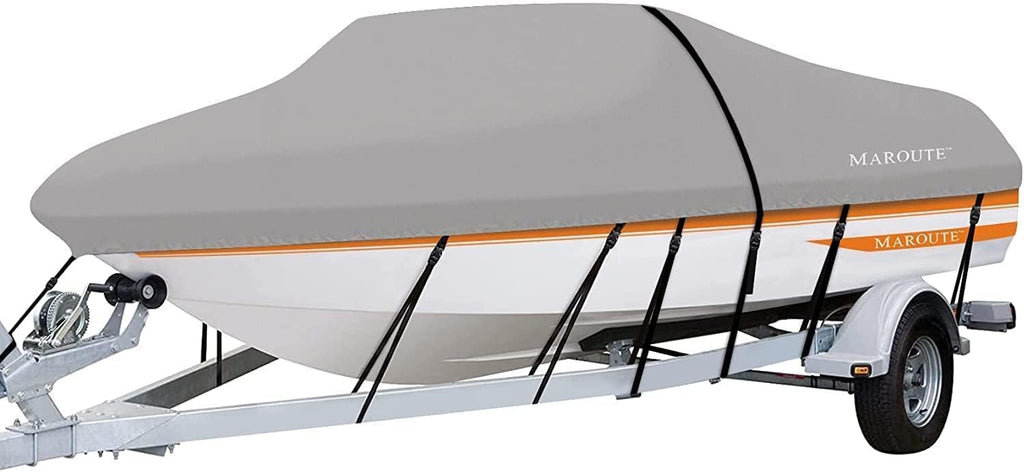 Garvee Boat Cover, 600D Waterproof Trailerable Marine Grade Polyster Canvas Fits V-Hull, Tri-Hull Fishing Boat, Runabout, SKi Boat, Bass Boat - Gray / Length 20ft-22ft