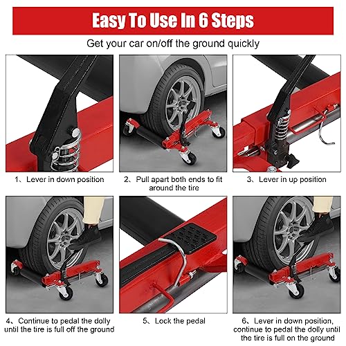 Garvee 1500lbs Car Wheel Dolly Car Skates Mechanic Vehicle Positioning Tire Jack Ratcheting Foot Pedal Lift Car Wheel Dolly Heavy Duty