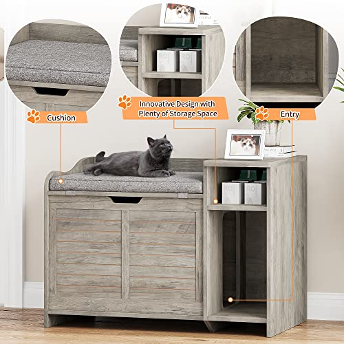 Garvee Cat Litter Box Enclosure with Cushion, Hidden Cat Litter Box Furniture, Cat Litter Box Furniture with Top Opening, Flip Top Litter Box Enclosure Cat House, Grey