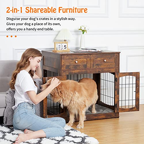 Garvee Dog Crate Furniture with Cushion,Wooden Dog Kennels Indoor with 2 Drawers,Dog Furniture Crate End Table with Storage