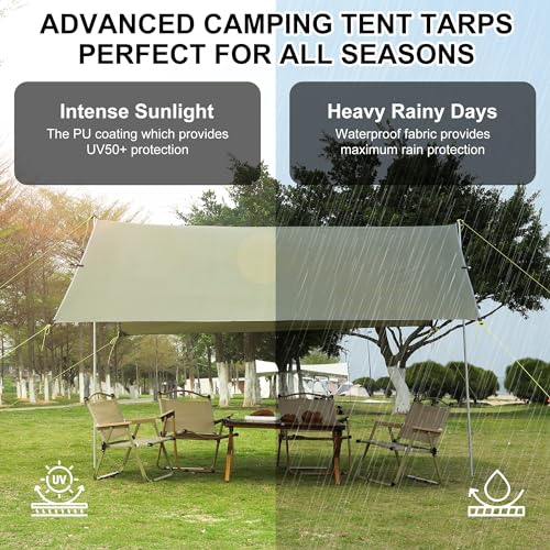 Garvee Camping Tarp, Hammock Rain Fly Camping Tarp Waterproof with 2 Aluminum Poles, Lightweight Backpack Tent tarp for Traveling, Green - 13X9FT
