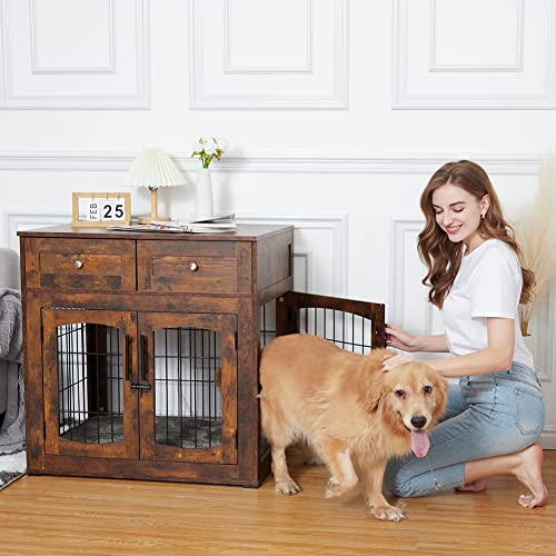 Garvee Dog Crate Furniture with Cushion,Wooden Dog Kennels Indoor with 2 Drawers,Dog Furniture Crate End Table with Storage