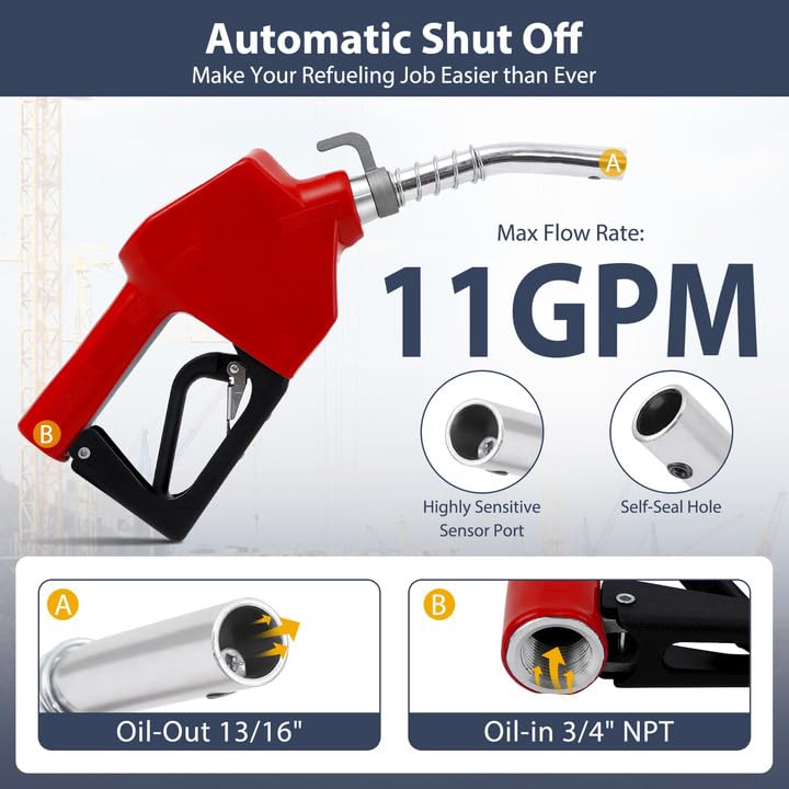 Garvee Automatic Fuel Nozzle, 3/4" NPT Inlet Thread & 13/16" Spout, 16 GPM Max Flow Rate, Auto Shut Off, Aluminum & PVC Gas Pump Handle with 360° Swivel for Gasoline Diesel Biodiesel Refilling