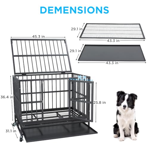Garvee 45 inch Heavy Duty Indestructible Dog Crate Steel Escape Proof,Indoor Dog House High Anxiety Cage,Kennel with Wheels,Removable Tray