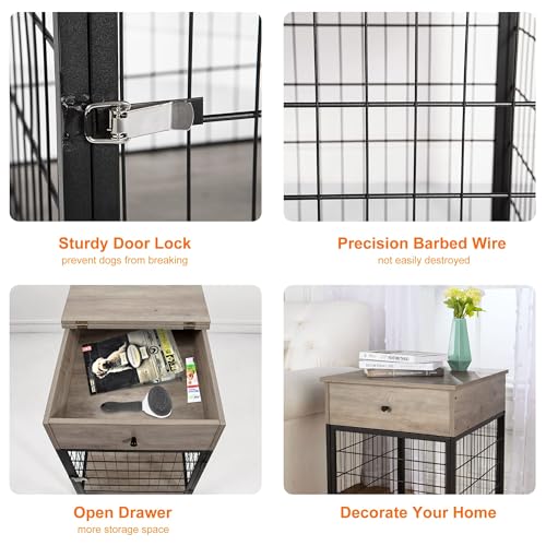 Garvee Dog Crate Furniture, 27" Dog Kennel, Dog House Indoor Use, Chew-Proof, Flip Top Storage, Wooden Dog Cage Sides Gray