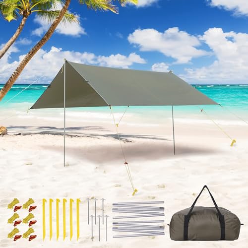 Garvee Camping Tarp, Hammock Rain Fly Camping Tarp Waterproof with 2 Aluminum Poles, Lightweight Backpack Tent tarp for Traveling, Green - 13X9FT