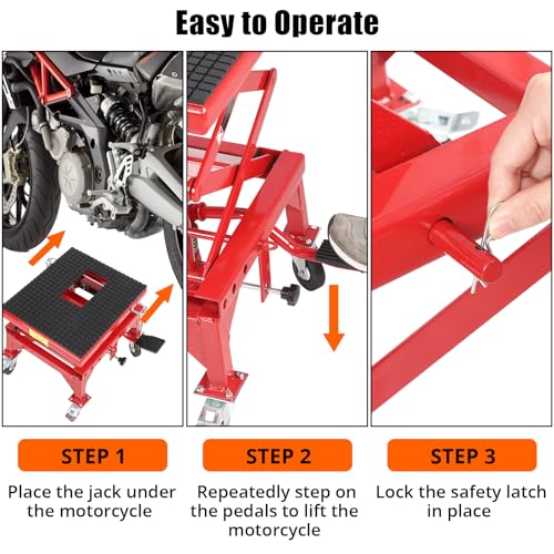 Garvee Hydraulic Motorcycle Lift Jack, 350LBS Capacity Scissor Lift Jack, Portable Motorcycle Lift Table with 4 Wheels, Foot-Operated Hoist Stand for Motorcycle, ATV Dirt Bike, Red