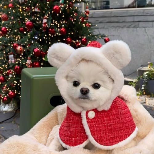 Garvee Pet Dogs Christmas Hood Cape Winter Warm Cloak with Plush Ears Dog Clothes Accessories Pet Clothes for Small Medium Dogs Christmas-Plush Cape one Size